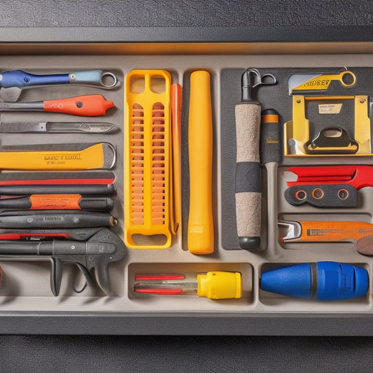 A clutter-free, well-organized rolling tool organizer with various tools and accessories, such as wrenches, pliers, screwdrivers, hammers, and measuring tapes, neatly arranged in labeled compartments.