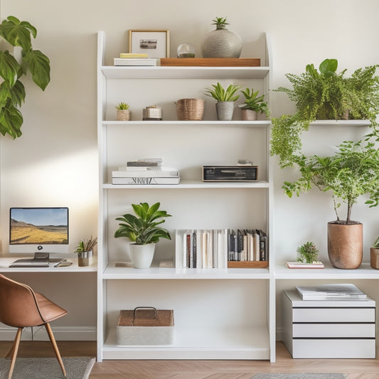 A clutter-free home office with a sleek, white desk, surrounded by three-tiered, wall-mounted shelves in a rich wood tone, holding organized files, books, and decorative plants.