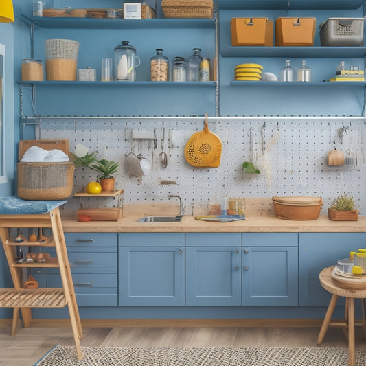 A clutter-free apartment interior with a pegboard on a wall, a storage ottoman in the corner, and a sliding cart beneath a kitchen counter, all organized with tools and utensils.