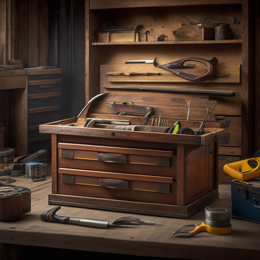 A wooden tool chest with a lifted lid, revealing a neatly organized interior containing a hammer, tape measure, level, pliers, screwdrivers, and wrenches, surrounded by a subtle workshop background.