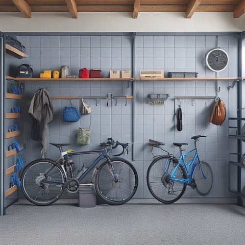 A sleek, modern garage with a wall-mounted organization system featuring adjustable hooks, slotted panels, and a pegboard, surrounded by bicycles, tools, and storage bins, with ample negative space.