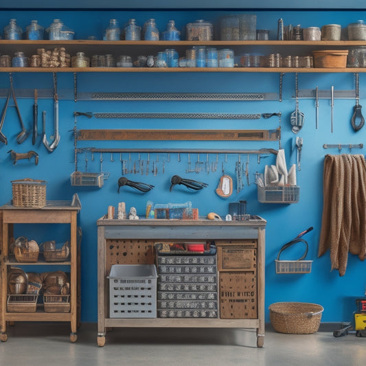 A well-organized workshop with a pegboard on the wall, holding tools like wrenches, pliers, and screwdrivers, alongside labeled bins and baskets containing nuts, bolts, and other small parts.