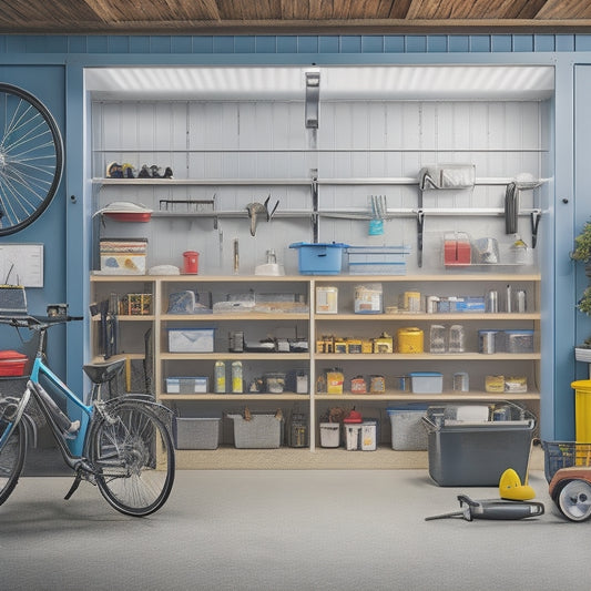 A clutter-free garage with a sleek, silver toolbox on a pegboard, a labeled shelving unit, and a parked car with a bike and gardening tools organized around it.