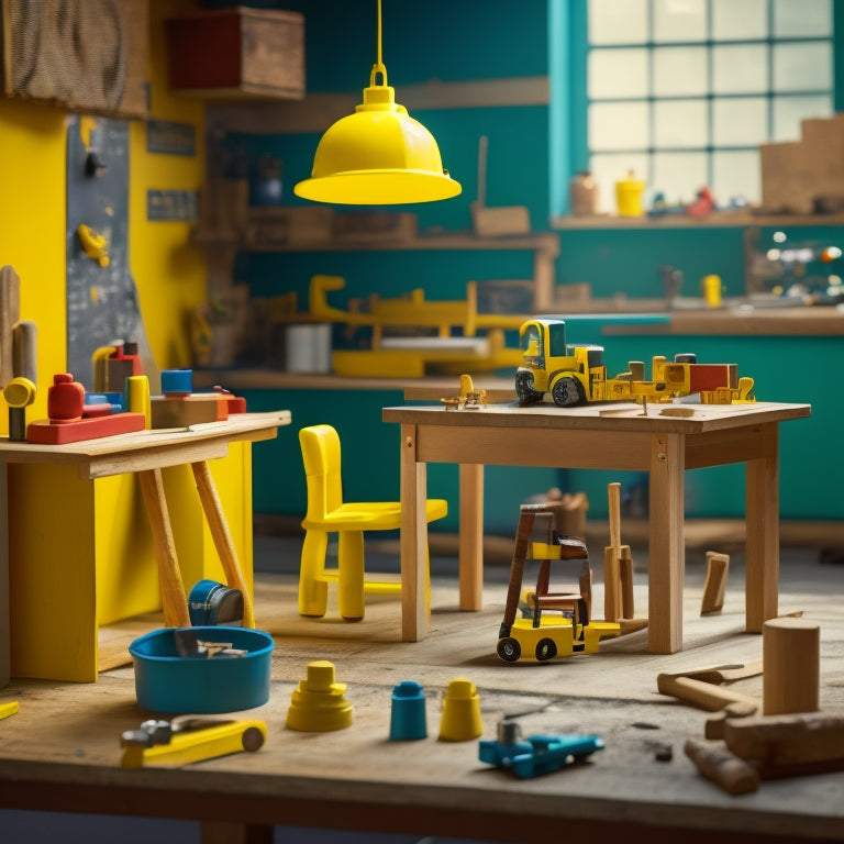 A colorful, clutter-free workshop interior with a miniature workbench, various toy tools, and a toddler in a yellow hard hat, surrounded by wooden blocks, wheels, and other construction materials.