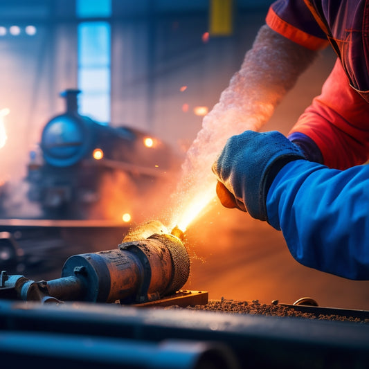 A close-up of a welder's gloved hand holding a torch, sparks flying, as they work on a shiny metal locomotive wheel, with a blurred background of a bustling railway yard.