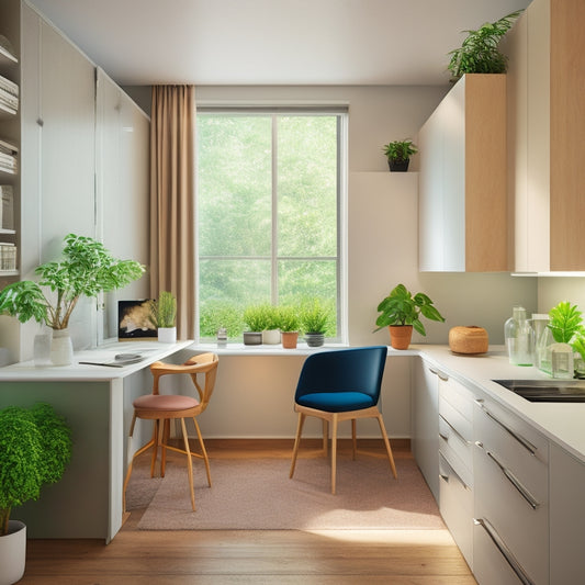 A bright, modern studio apartment with minimalist decor, featuring a sleek Murphy bed, a compact kitchenette, and a spacious desk area, surrounded by lush greenery and natural light.
