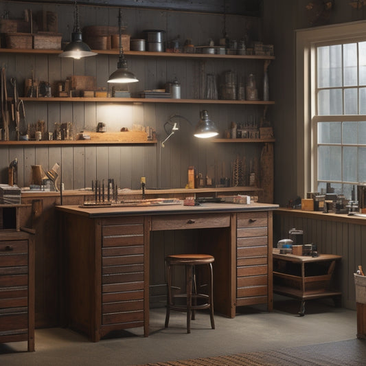 A well-lit, modern industrial shop with a sturdy desk featuring a built-in cabinet and pegboard, surrounded by tools and machinery, with a subtle wooden texture and metal accents.