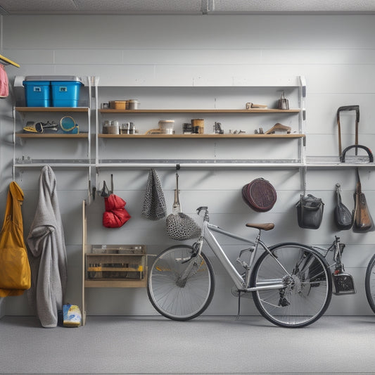 A clutter-free garage with a row of sturdy, silver wall hooks with rounded tips, holding various items like bikes, tools, and storage bins, against a clean, gray concrete wall.