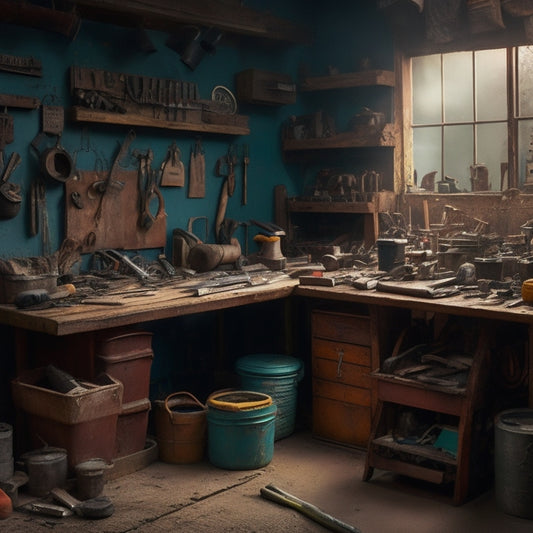 A cluttered workshop with scattered tools, hammers leaning against rusty metal shelves, tangled extension cords, and a workbench littered with screws, wrenches, and open toolboxes.