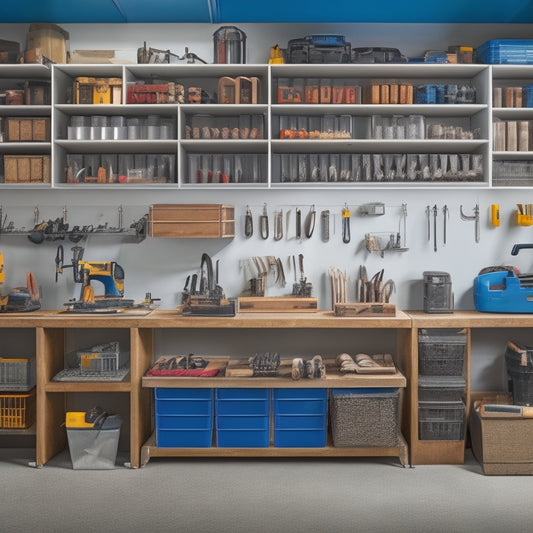 A clutter-free workshop with a large, wall-mounted parts organizer featuring labeled bins and compartments, surrounded by neatly arranged tools and machinery, with a few well-organized workbenches in the background.