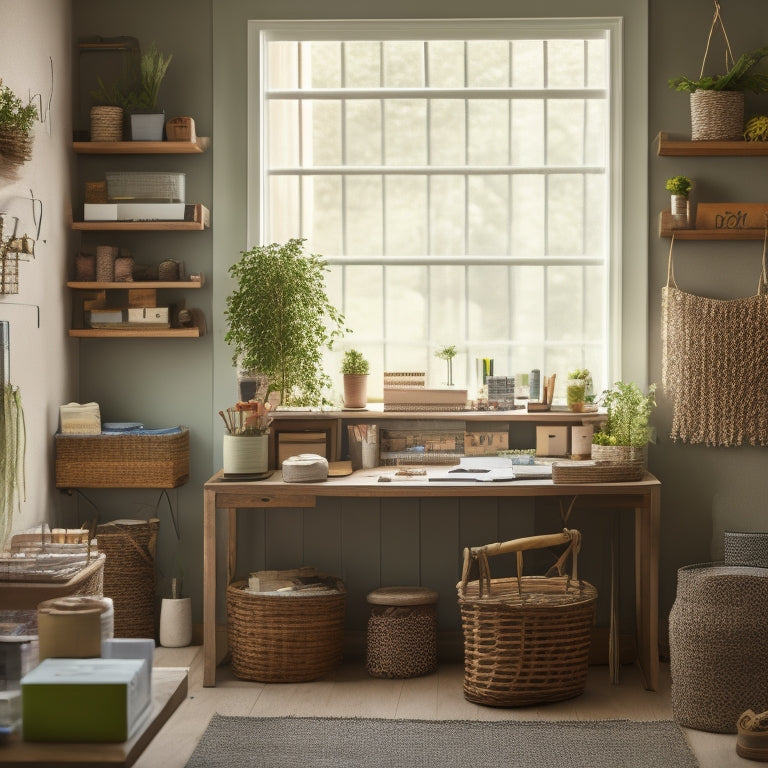 A tidy, well-lit workspace with a wooden desk, surrounded by organized crafting supplies: neatly wound yarns, labeled bins, and a pegboard with hanging tools, amidst a subtle, calming greenery backdrop.