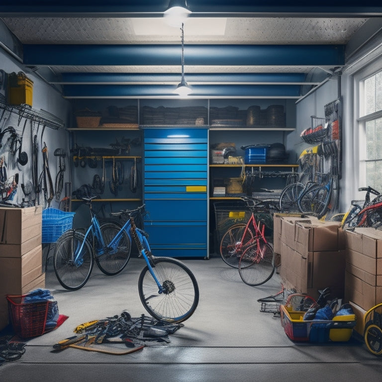 A cluttered garage with boxes, bicycles, and tools scattered on the floor, contrasted with a tidy garage featuring overhead storage racks, bins, and a clean, organized floor.