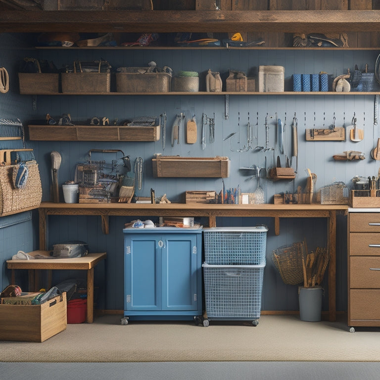 A cluttered garage transforms into an organized space with labeled bins, a pegboard with hanging tools, a slatwall with baskets, and a sleek workbench with built-in drawers and a vice.