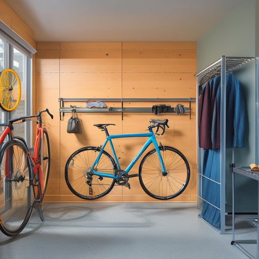 A garage interior with sleek, modern walls, featuring three distinct wall-mounted bike racks: a horizontal slat-style rack, a vertical hook rack, and a folding arm rack, each holding a different type of bike.