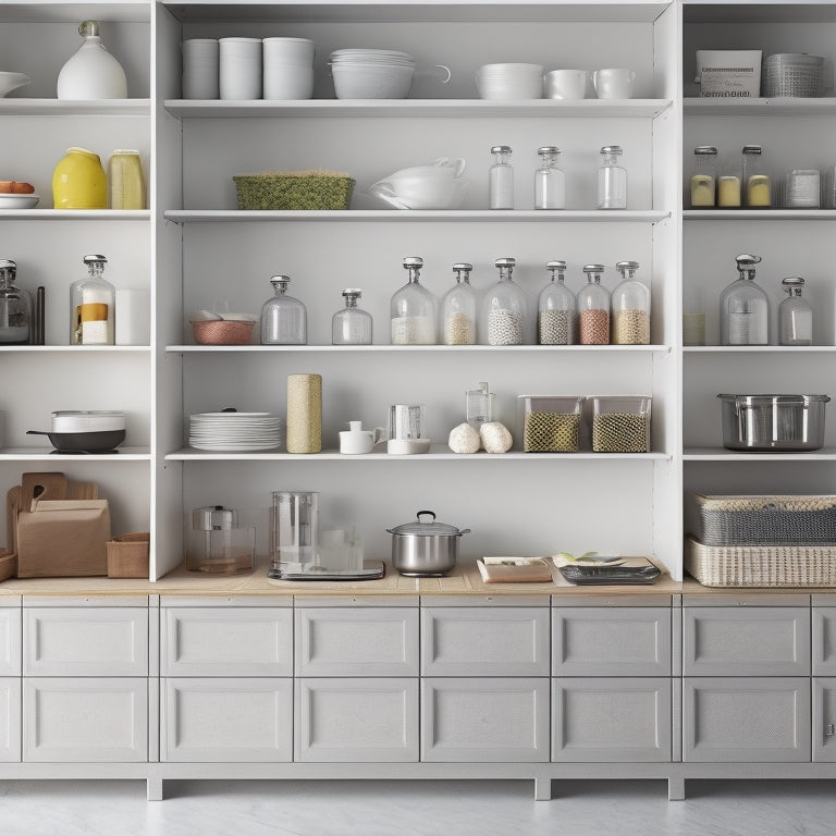 A tidy kitchen cabinet with three open shelves, each showcasing a distinct organizational stage: cluttered, partially organized, and fully organized with bins and labels, against a light gray background.