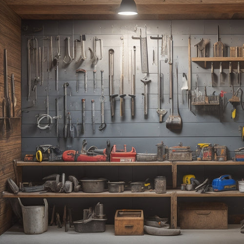 A well-lit, clutter-free garage with a pegboard on the wall, showcasing an assortment of tool hooks in various shapes and sizes, holding wrenches, hammers, and other tools in an organized manner.