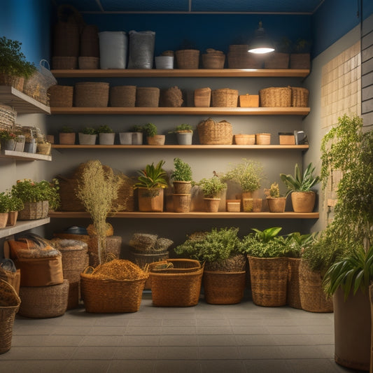 A spotless storage room with neatly labeled bins, stacked shelves, and a vacuumed floor, illuminated by a single overhead light, with a few decorative baskets and a small, potted plant in the corner.