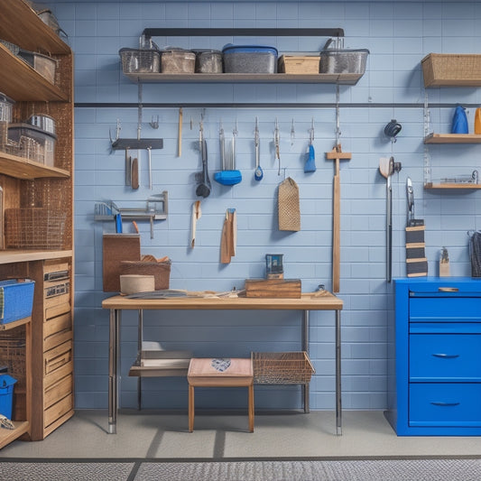 A tidy garage interior with slatwall panels, baskets, and hooks, featuring a pegboard with organized tools, a workbench with a vice, and a labeled storage cabinet with rolled-up blueprints on top.