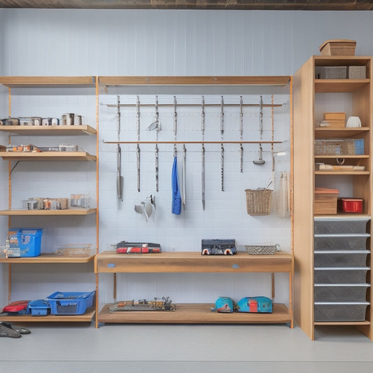 A well-organized garage with a newly installed shelving system, featuring 3-4 wooden shelves, metal brackets, and a pegboard with hanging tools, set against a clean and brightly lit background.