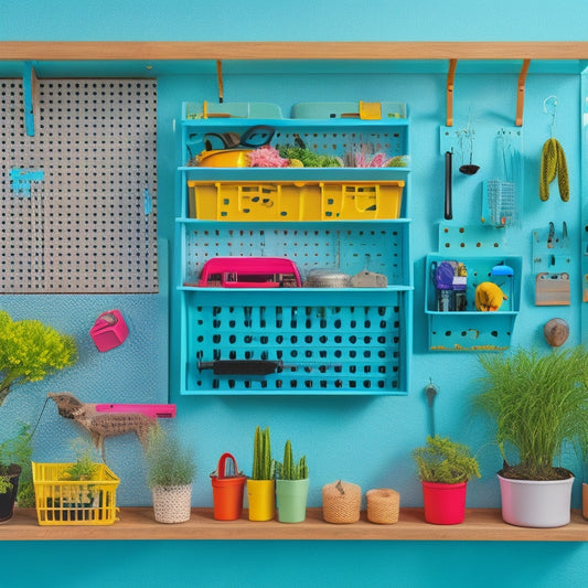 A colorful, organized pegboard with various hooks, bins, and accessories, including a hanging planter, a toolbox, and a cord organizer, against a clean, white background.