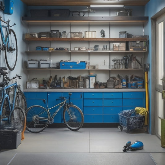 A cluttered garage with scattered tools, bikes, and boxes, contrasted with a sleek, organized garage featuring labeled cabinets, a slatwall with hooks, and a epoxy-coated floor.
