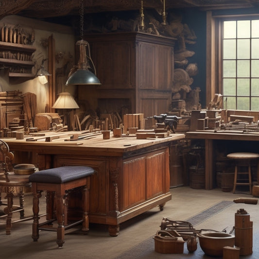 A well-organized woodworking workshop with various tools and machines in the background, featuring a beautifully crafted wooden table with intricate carvings and a partially built wooden cabinet in the foreground.