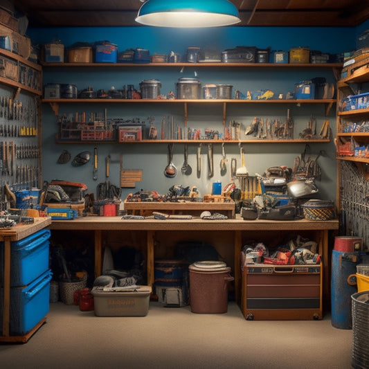 A cluttered garage or workshop with scattered tools and a pegboard in the background, transitioning to a tidy, organized space with tools stored in labeled bins, hooks, and a compact toolbox.