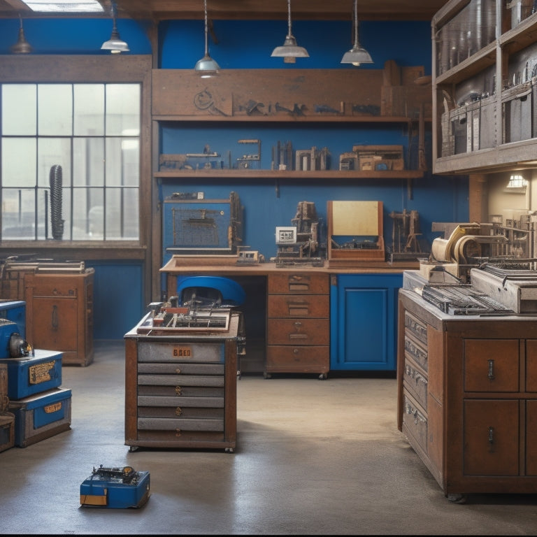 A neat, organized workshop with three machinist toolboxes of varying sizes, each with drawers open to reveal an assortment of precision tools, surrounded by machining equipment and a few scattered blueprints.