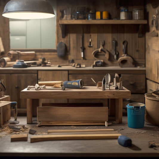 An organized workshop with various carpentry tools, a wooden workbench, and a custom key storage board with labeled hooks, surrounded by scattered wood shavings and a faint background of woodworking machinery.
