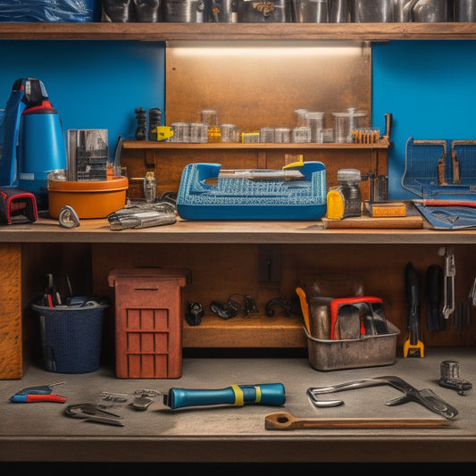 A clutter-free workbench with neatly arranged HVAC tools, including a wrench, pliers, and screwdrivers, alongside a key organizer with labeled hooks and a small parts tray.