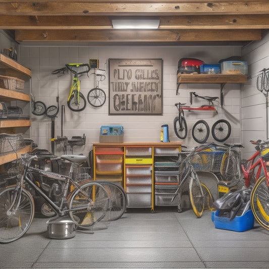 A cluttered garage with scattered tools, bicycles, and storage bins in disarray, contrasted with a tidy, organized garage featuring labeled shelves, hanging organizers, and a sleek workbench in the background.