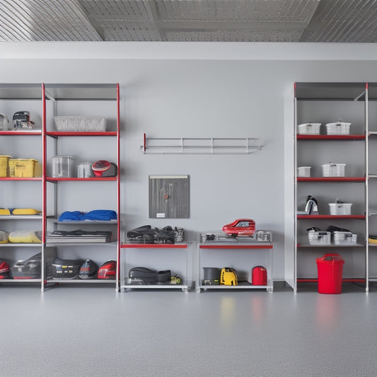 A clutter-free garage with sleek, silver shelving racks installed against a light-gray wall, holding organized bins, tools, and sports equipment, with a red sports car parked in the background.