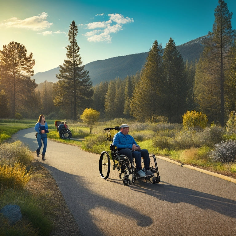 An illustration of a serene Calaveras County landscape with a person using a wheelchair on a paved path, surrounded by assistive technology devices and adapted sports equipment.