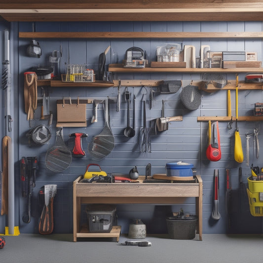 A tidy garage with a slatted wall organizer, bins, and hooks, surrounded by tools and sports equipment, with a workbench in the center and a pegboard on the adjacent wall.