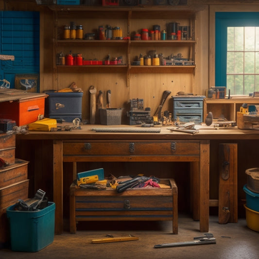 A clutter-free workbench with 3-5 small tool boxes in various sizes and shapes, each open to reveal organized tools, surrounded by DIY project materials like wood, wires, and screws.