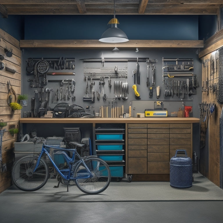 A well-organized garage with a large, black, 6-drawer tool chest in the center, surrounded by neatly arranged power tools, wrenches, and sockets, with a few hanging bicycles and a pegboard in the background.