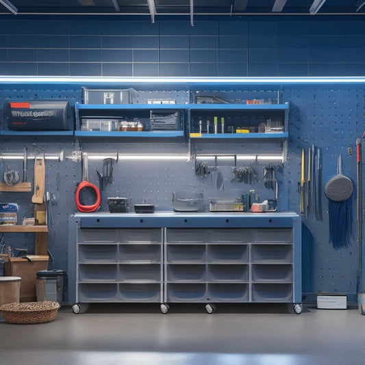 A modern, well-lit garage or workshop with a sleek, silver service cart featuring a pegboard backdrop, adorned with neatly organized tools and accessories in a harmonious, ergonomic layout.