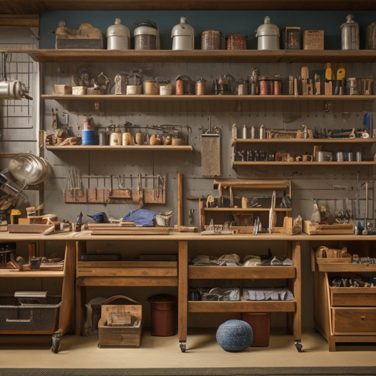 A clutter-free workshop with a pegboard displaying neatly organized tools, baskets, and bins, surrounded by a wooden workbench, a toolbox, and a few DIY projects in progress.