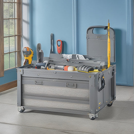 A well-organized, sturdy tool chest on wheels with a lift-up lid, filled with an assortment of DIY essentials, including a cordless drill, socket set, pliers, wrenches, and a tape measure, set against a clean, gray workshop background.