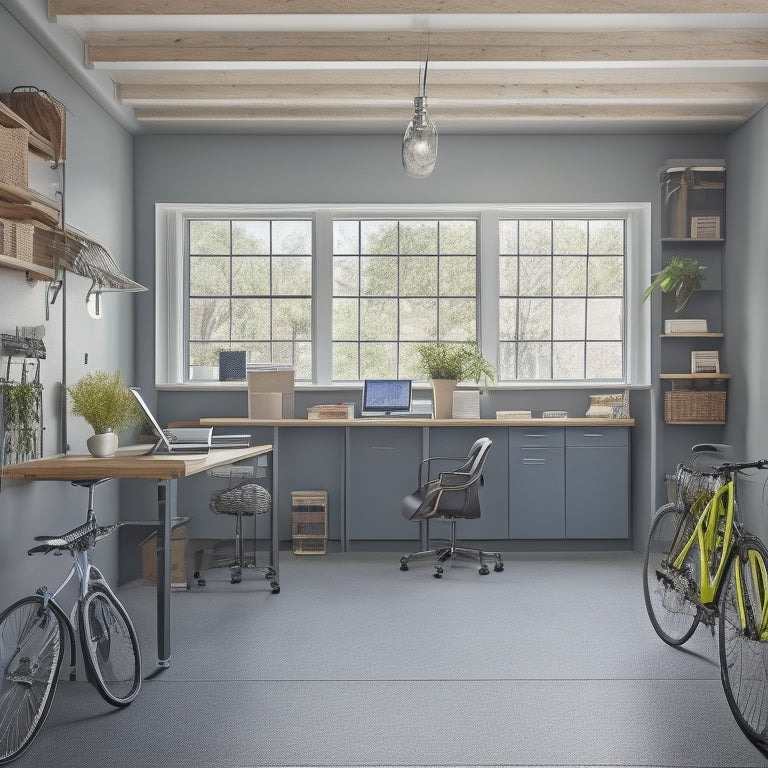 A clutter-free garage converted into a home office with a sleek, gray desk, surrounded by floor-to-ceiling storage units, bins, and baskets, with a few bicycles and tools hung neatly on the walls.