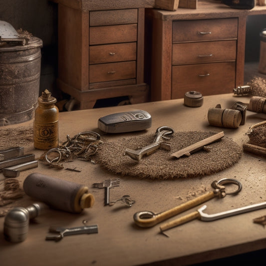 A cluttered workbench with tangled keychains, scattered keys, and a few DIY tools surrounded by a faint mess of sawdust and wood shavings, contrasted with a tidy key organizer in the background.