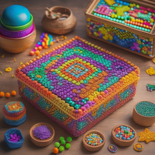 A vibrant, overflowing treasure chest filled with colorful fuse beads, scattered among finished projects like a rainbow-hued butterfly, a smiling sun, and a geometric patterned coaster.