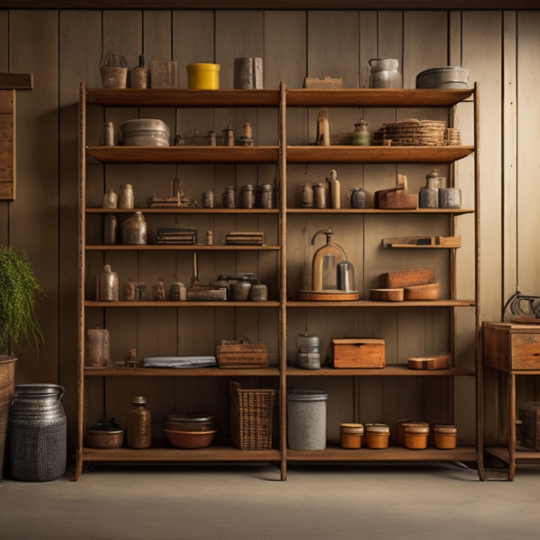 A sturdy, industrial-style shelving unit stands against a muted gray background, its metal frames and wooden planks weathered to a warm, honey-brown patina, with scattered tools and machinery parts.