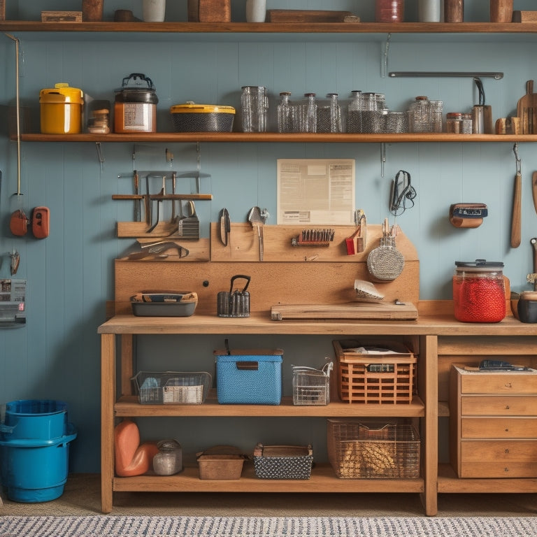 A small, organized workshop with a pegboard on the wall, filled with neatly hung tools, and a rolling cabinet with labeled drawers, surrounded by a tidy workbench and a few well-placed baskets.