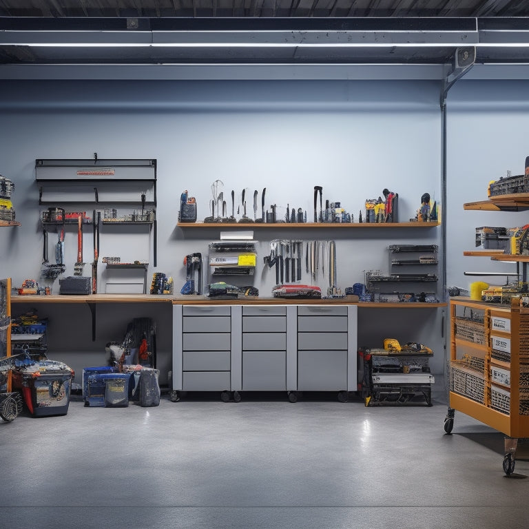 A clutter-free garage workshop with 10 rolling tool carts of varying sizes, each filled with neatly organized tools, standing against a clean gray concrete wall with fluorescent lighting above.