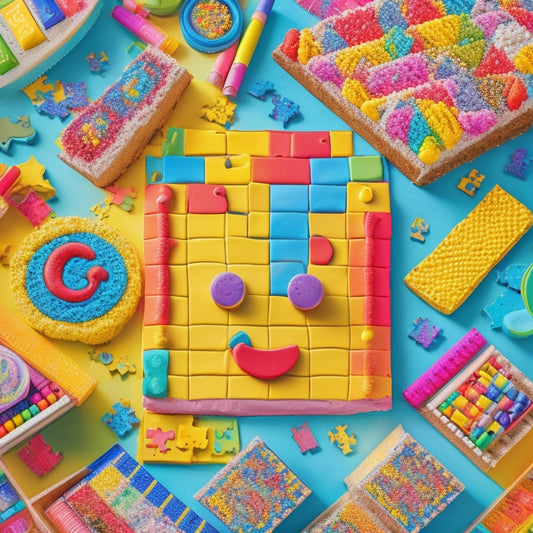 A colorful illustration of a smiling cartoon birthday cake surrounded by puzzle pieces, crayons, and a few solved crossword puzzle squares with bright, bold lines and playful patterns.