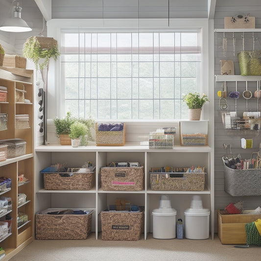 A tidy, well-lit craft room with a pegboard adorned with hanging baskets, scissors, and threads, adjacent to a shelving unit with labeled bins and a rotating craft supply organizer.