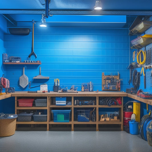 A well-lit, modern garage workshop with a large, wall-mounted pegboard featuring heavy-duty hooks and bins, organized with various tools and accessories in a tidy, color-coordinated arrangement.