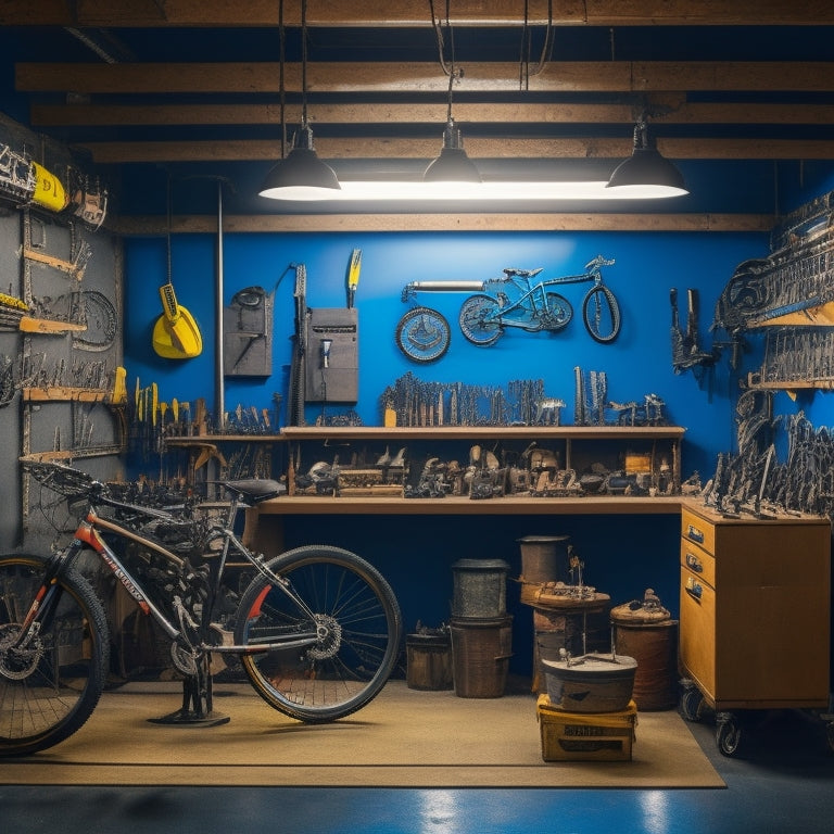 A well-lit, organized workshop with a central bike stand, surrounded by neatly arranged toolboxes, shelves stocked with various bike parts and accessories, and a pegboard with hanging tools.