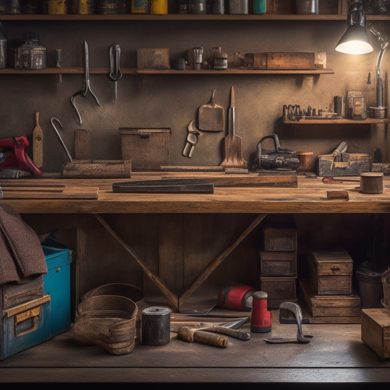 A well-organized workbench with a wooden pegboard, metal tool chest, and a slotted wooden tray holding wrenches, pliers, and screwdrivers, surrounded by a clutter-free workshop with a few scattered tools.